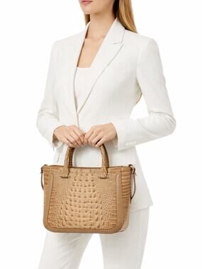 Brahmin Small Lena Satchel Bag Travertine Brevik Croc Embossed Suede Tan